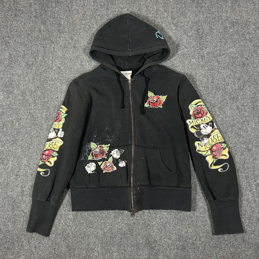 Vtg Disney Parks Mickey Mouse Ed Hardy Rose Tattoo Art Zip Up Hoodie Large #3025
